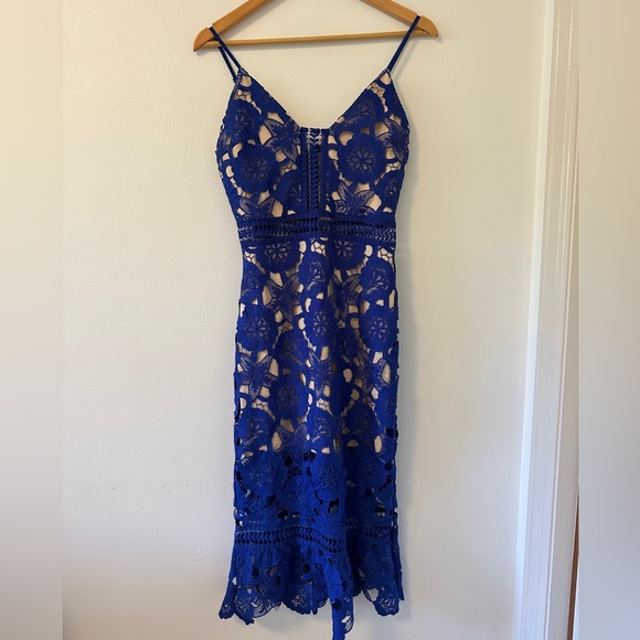 Just Me Mermaid Lace Crochet Midi Dress in Blue | Size Small - Picture 1 of 9